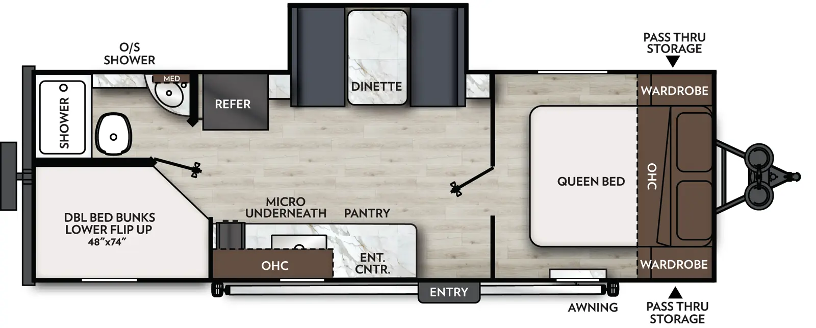 The Apex Nano 228BHS floorplan has one entry and one slide out. Exterior features include: fiberglass exterior. Interiors features include: bunk beds and front bedroom.
